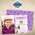 girly pink and purple horse theme cowgirl birthday party invitation with photo